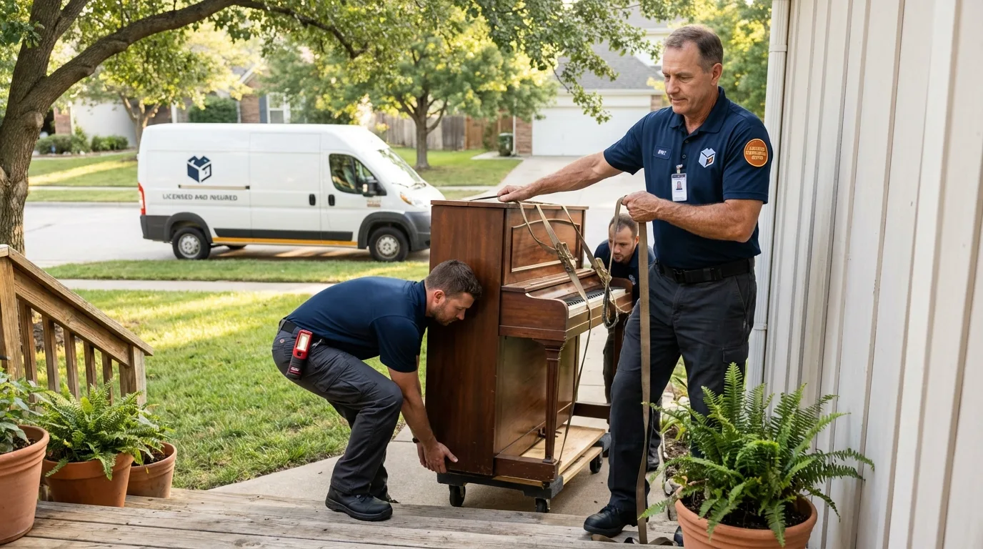 Licensed piano movers securing grand piano in Ohatchee, AL