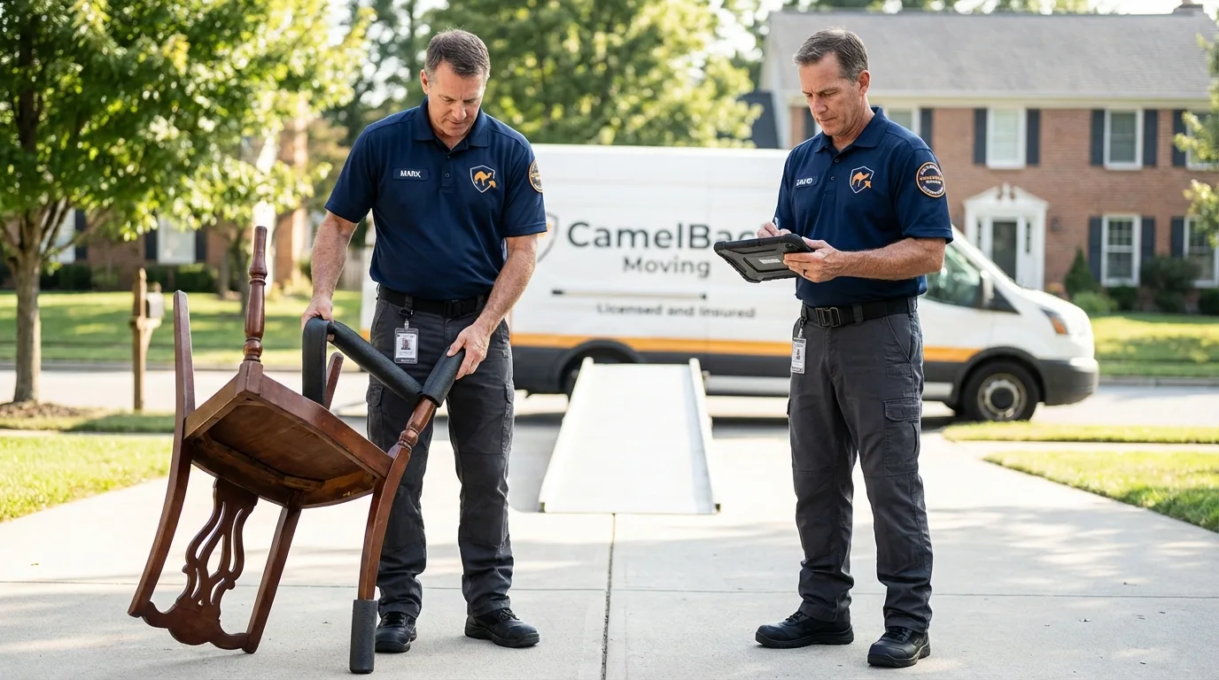 Movers inspecting furniture for damage prevention before loading in Ohatchee, AL