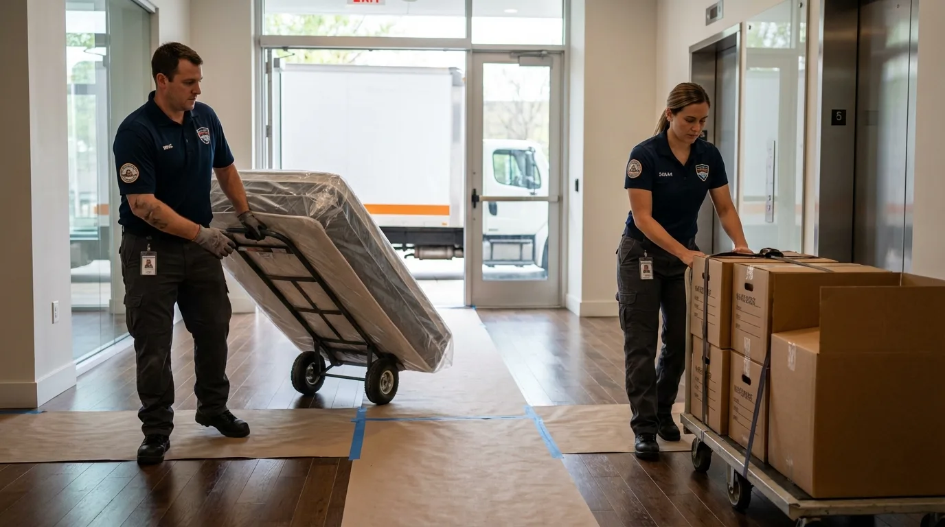 Professional apartment movers loading elevator in Ohatchee, AL