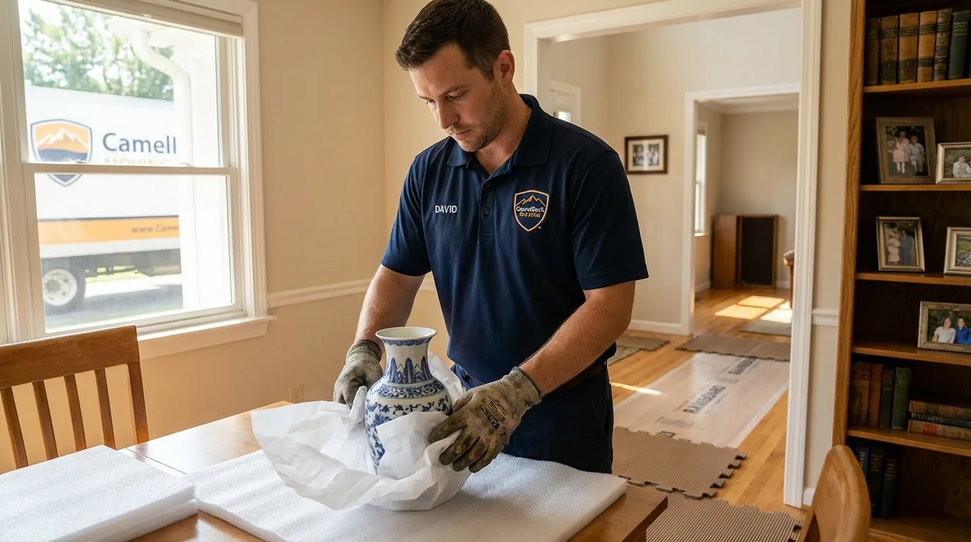 Professional crew carefully wrapping antique vase for senior downsizing move in Ohatchee, AL